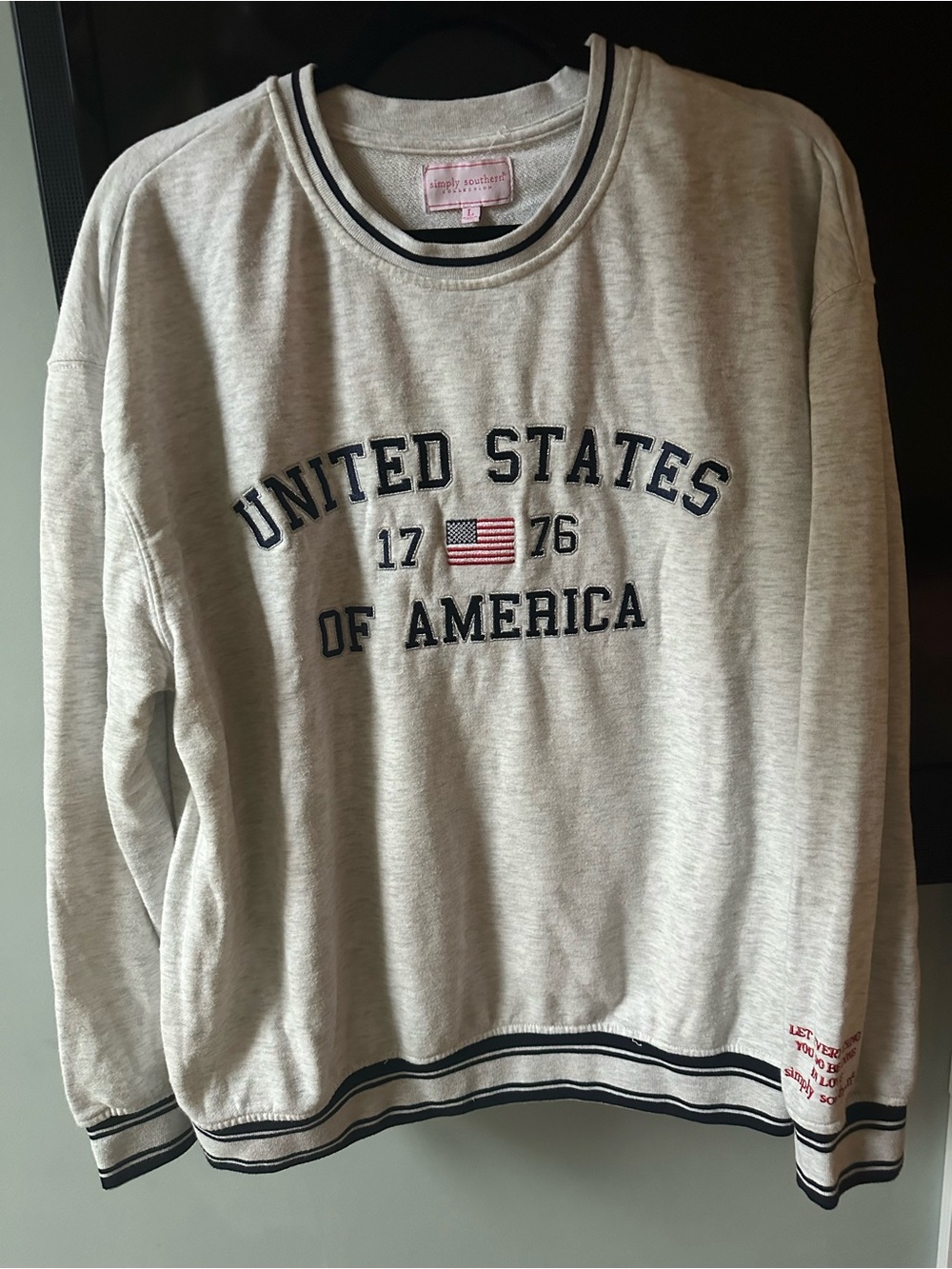 Simply Southern Light Gray Crewneck Sweatshirt with Navy Trim and Flag